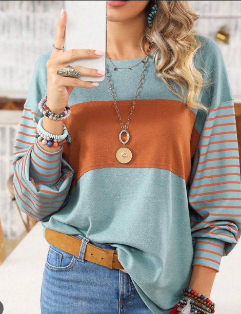 Round Neck Casual Striped Contrast Long Sleeve T-shirt